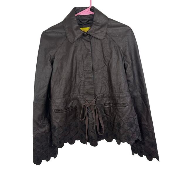 Catherine Malandrino Womens 2 Brown Leather Floral Embroidered Jacket Draw Waist - Picture 1 of 8